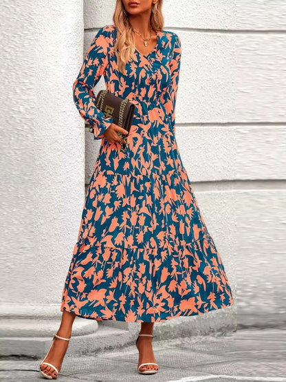 Printed V-Neck Flounce Sleeve Tiered Midi Dress