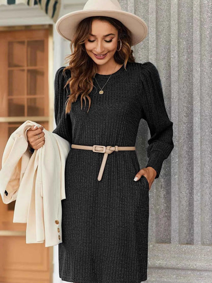 Ribbed Knit Puff Sleeve Casual Mini Dress