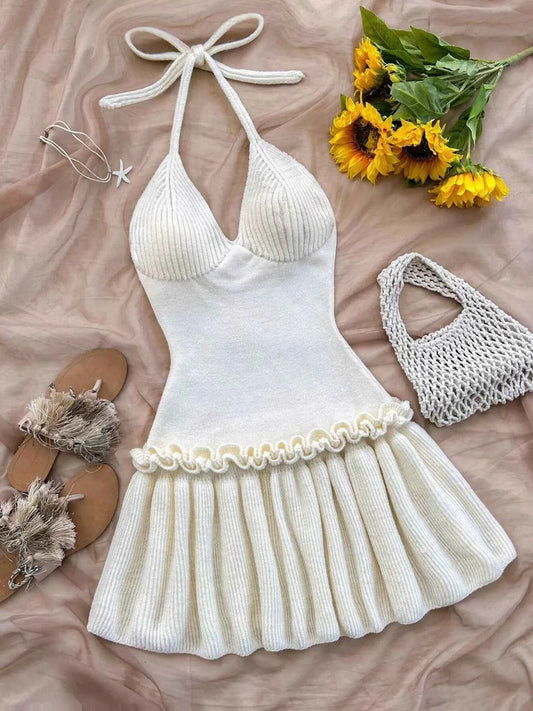 Halter Neck Ruffle Hem Knit Sweater Dress
