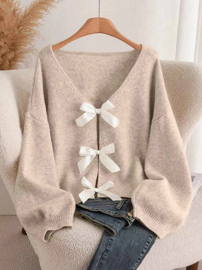 Bow-knot Front V-Neck Knit Cardigan