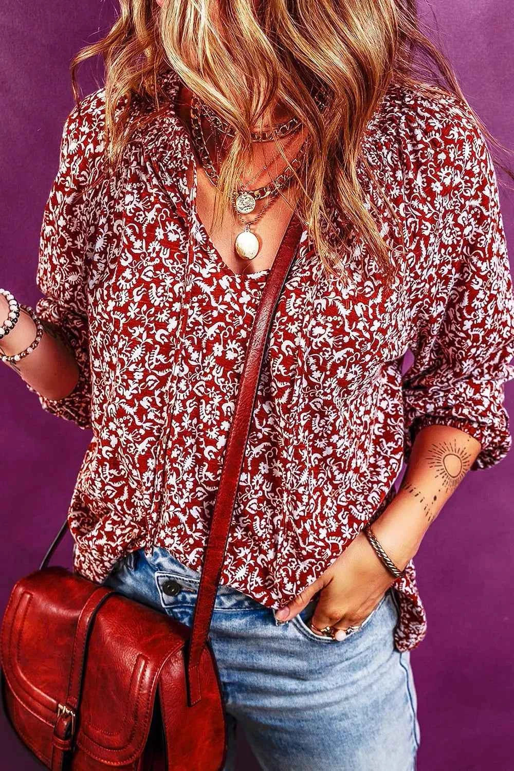 Printed Tie Neck Balloon Sleeve Blouse
