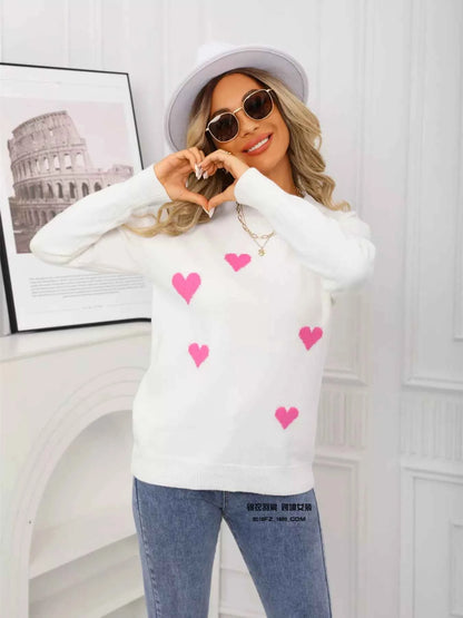 Valentine's Day Heart Print Round Neck Sweater