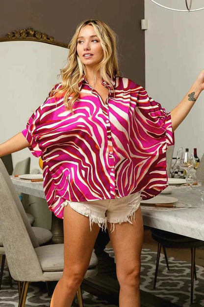 BiBi Zebra Dolman Silky Satin Shirt Top
