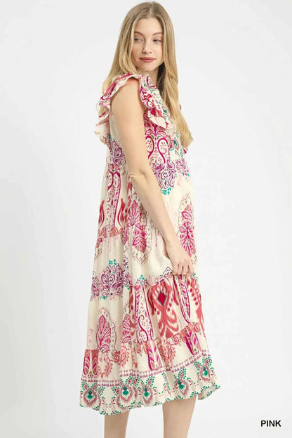 Umgee Boho Boarder Print Ruffle Midi Dress
