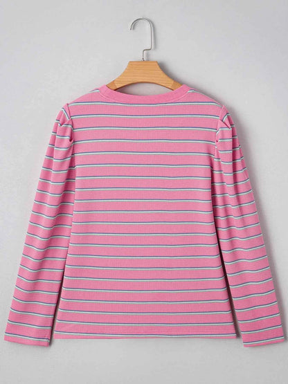 Stripe Textured Knit Round Neck Puff Sleeve Top