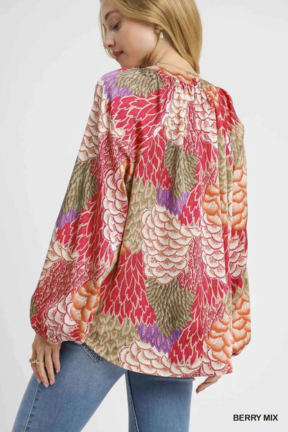 Umgee Boho Feather Print Peasant Blouse