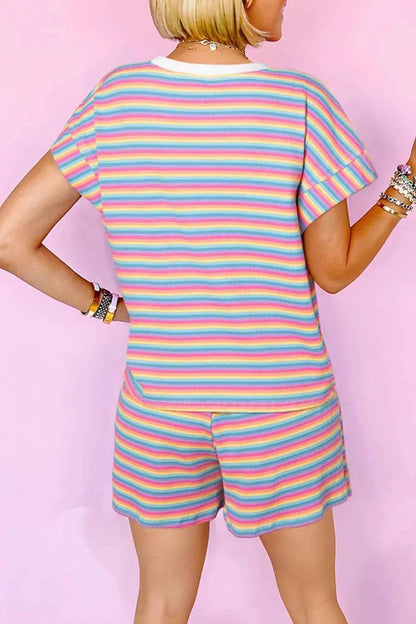 Striped Round Neck Top and Shorts Set