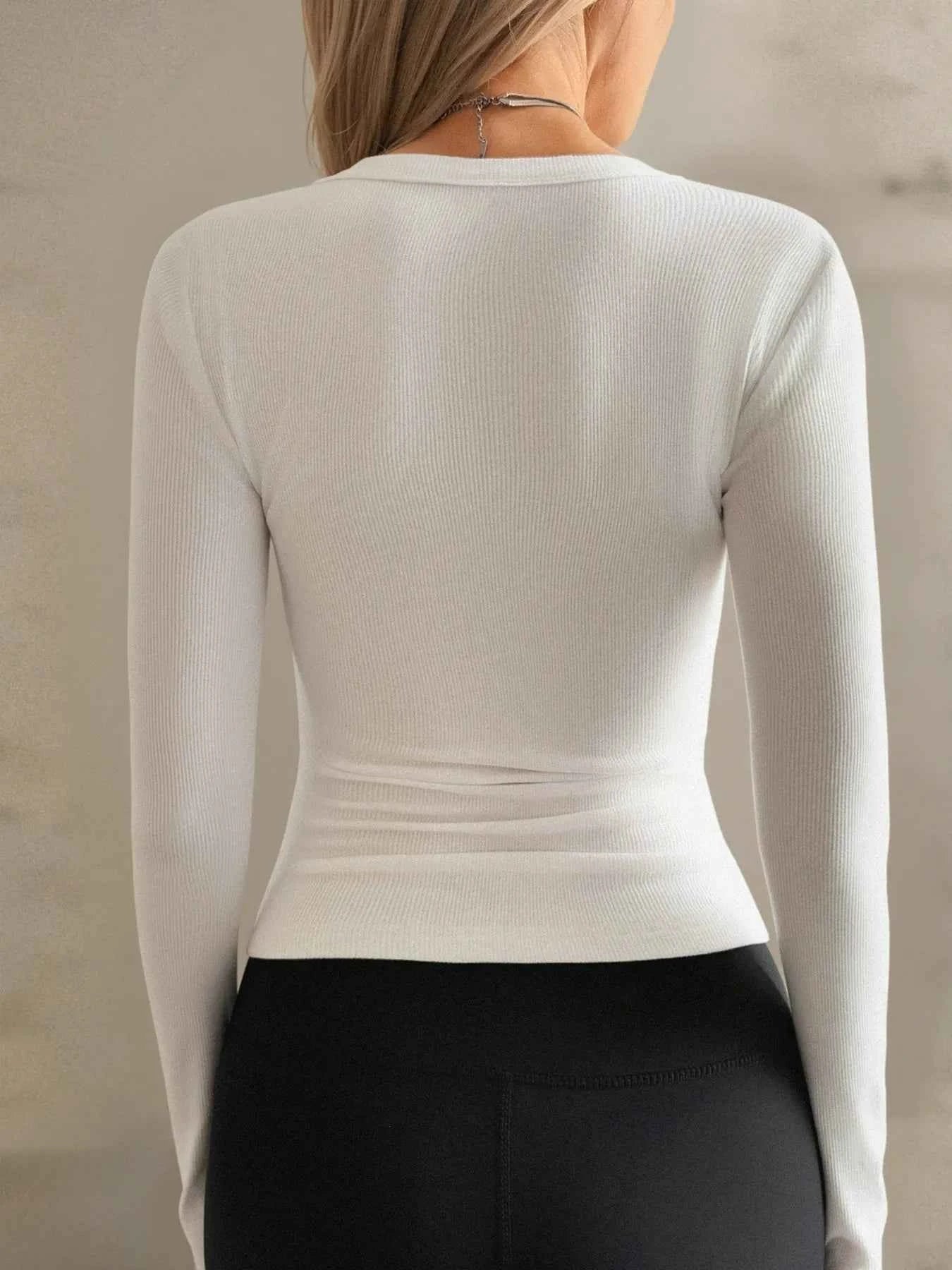 Ribbed V-Neck Long Sleeve T-Shirt