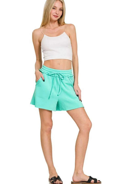 Zenana Fleece Raw Hem Shorts With Draw String