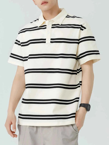 Men's Plus Size Striped Button Detail Short Sleeve Polo