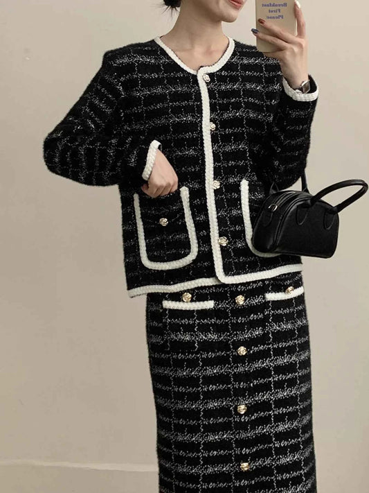 Tweed Contrast Trim Jacket and Skirt Set