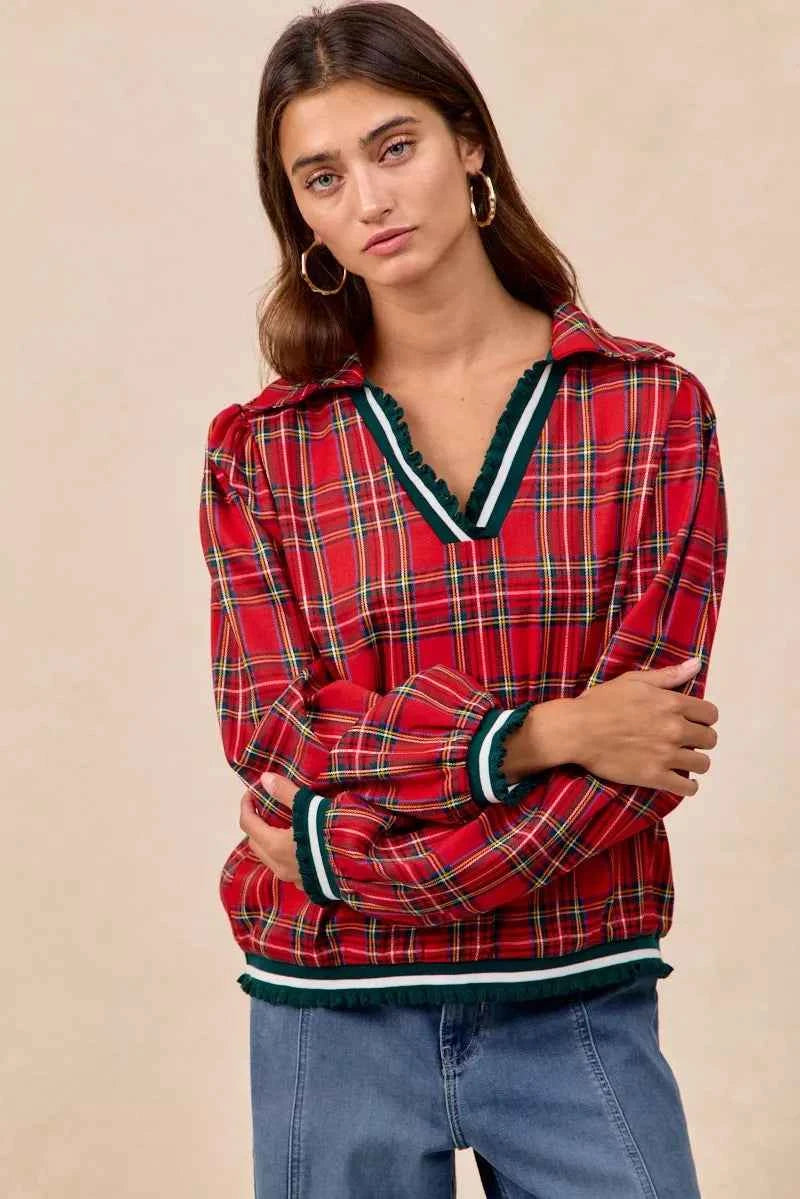 BiBi Christmas Plaid Collared Top with Ruffled Detail