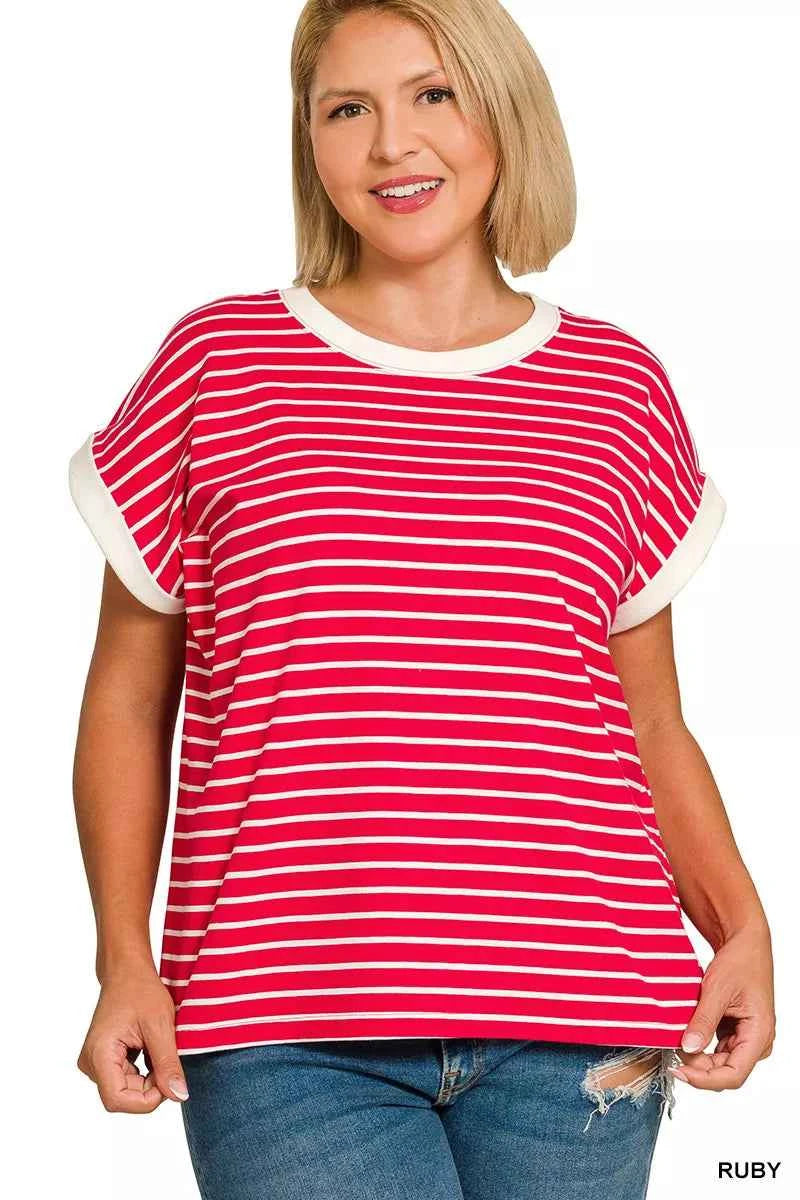 Zenana Full Size Contrast Trim Cap Sleeve Stripe Tee Plus Size