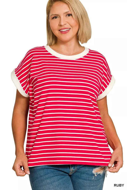 Zenana Full Size Contrast Trim Cap Sleeve Stripe Tee Plus Size
