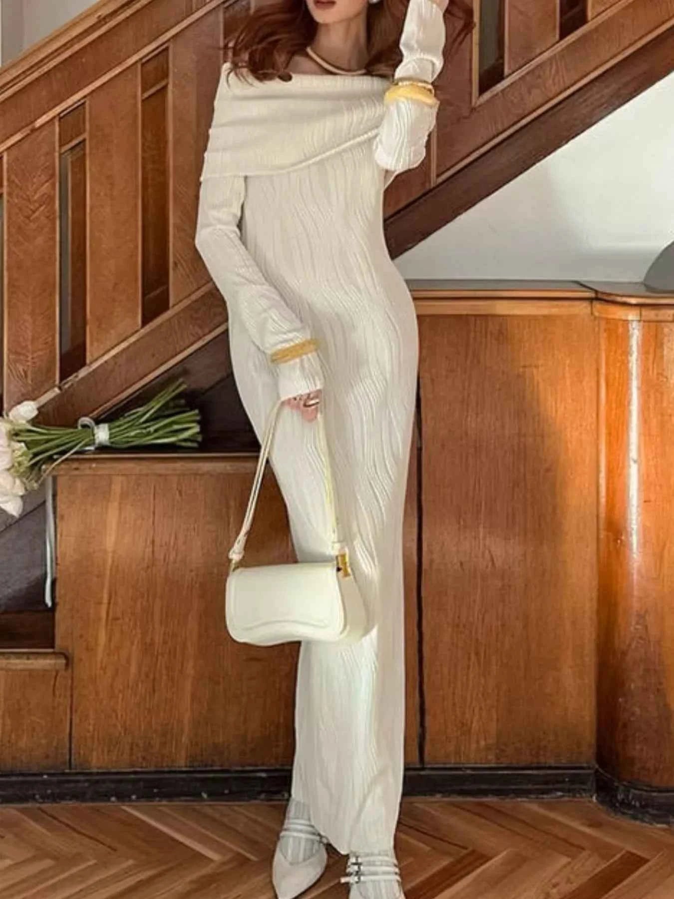 Off-Shoulder Textured Knit Maxi Dress