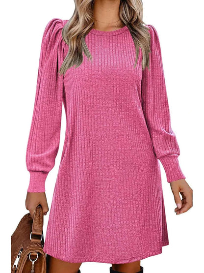 Ribbed Knit Puff Sleeve Casual Mini Dress