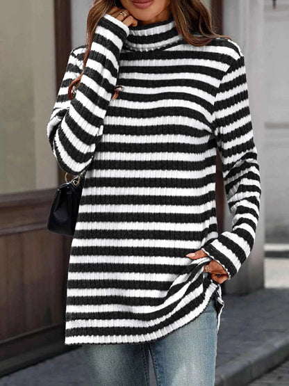 Striped Turtleneck Long Sleeve Knit Top