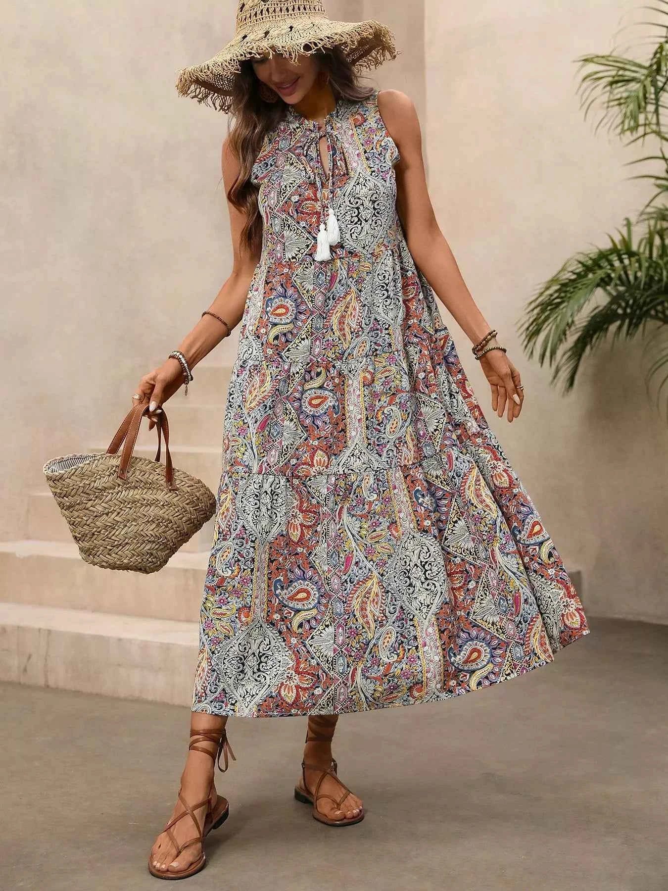 Paisley Print Tie Neck Sleeveless Midi Dress