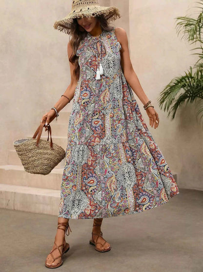 Paisley Print Tie Neck Sleeveless Midi Dress
