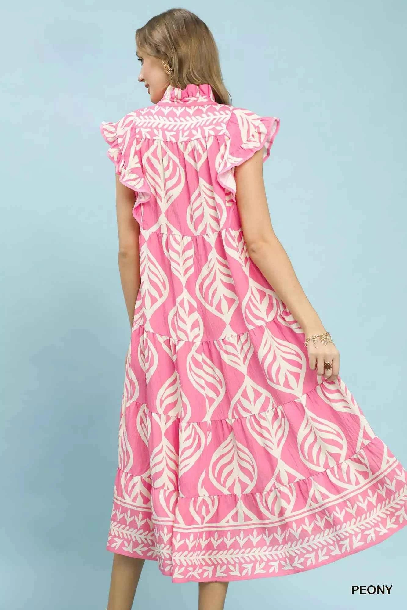 Umgee Leaf Print Tiered Maxi Dress with Pockets