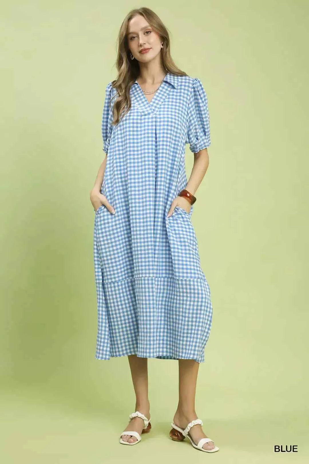 Umgee Gingham Midi Dress with Side Pockets
