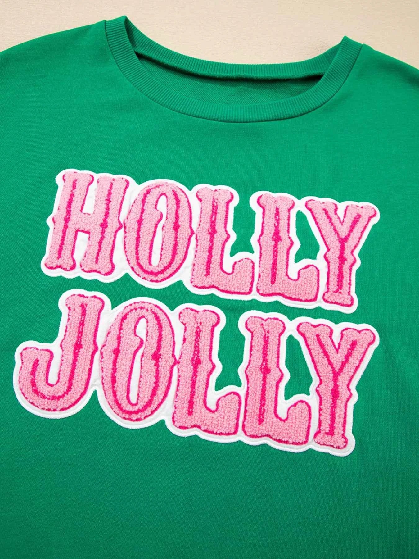 HOLLY JOLLY Towel Embroidered Christmas Holiday Sweatshirt