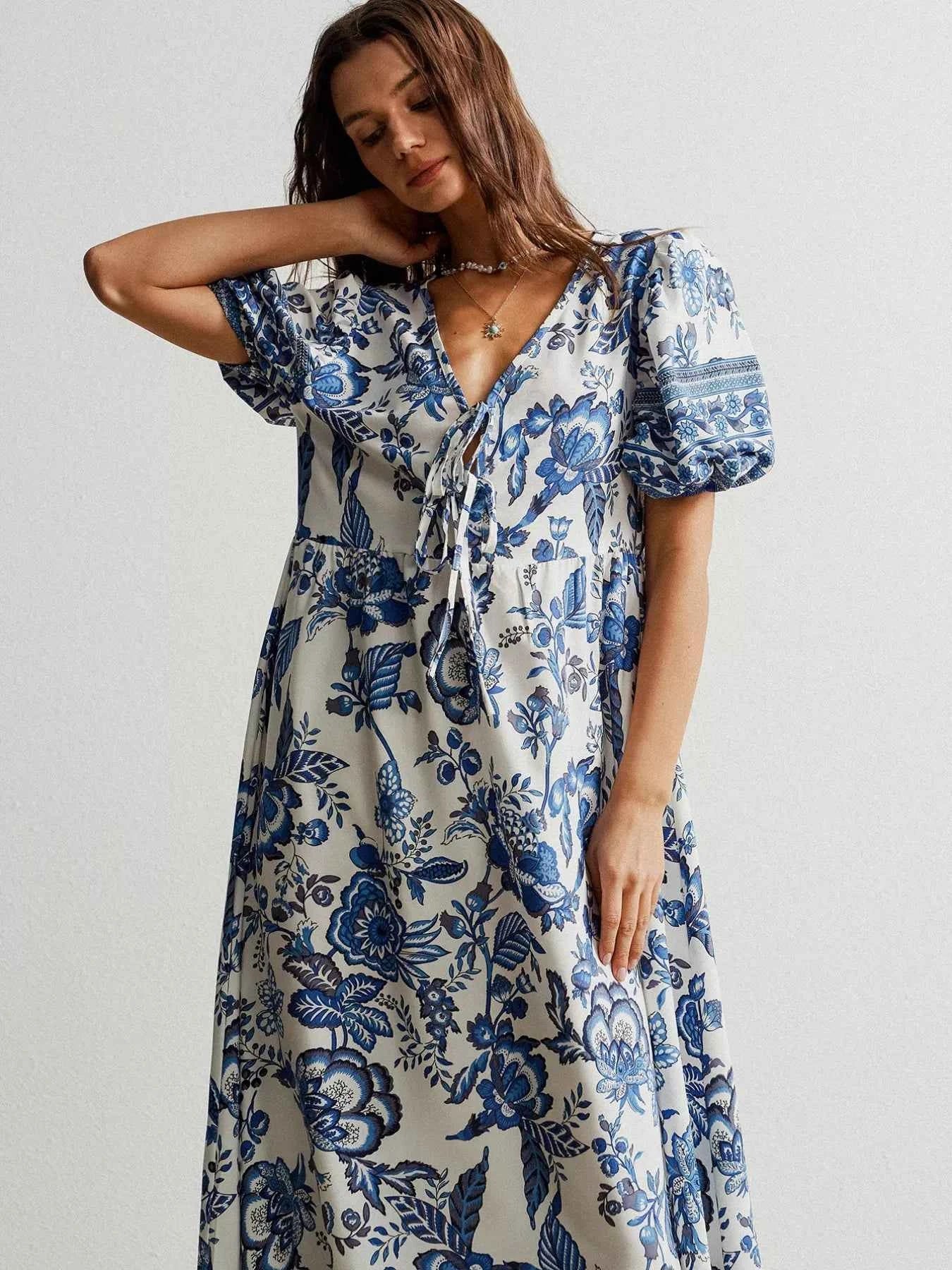 Floral Print Tie-Neck Puff Sleeve Maxi Dress