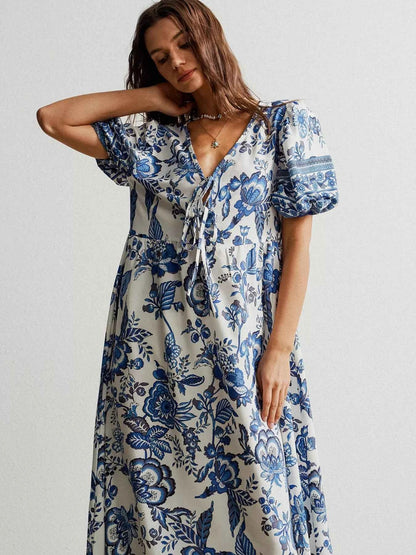 Floral Print Tie-Neck Puff Sleeve Maxi Dress