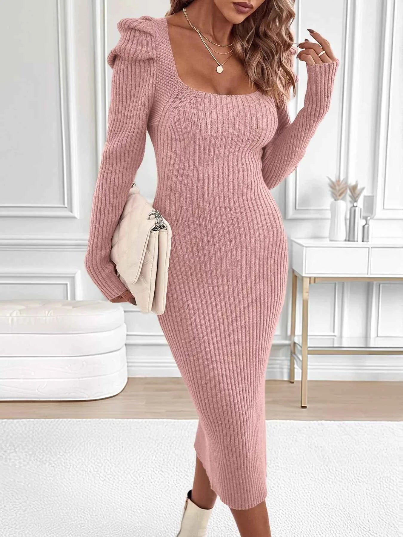Ribbed Knit Square Neck Bodycon Sweater Dress