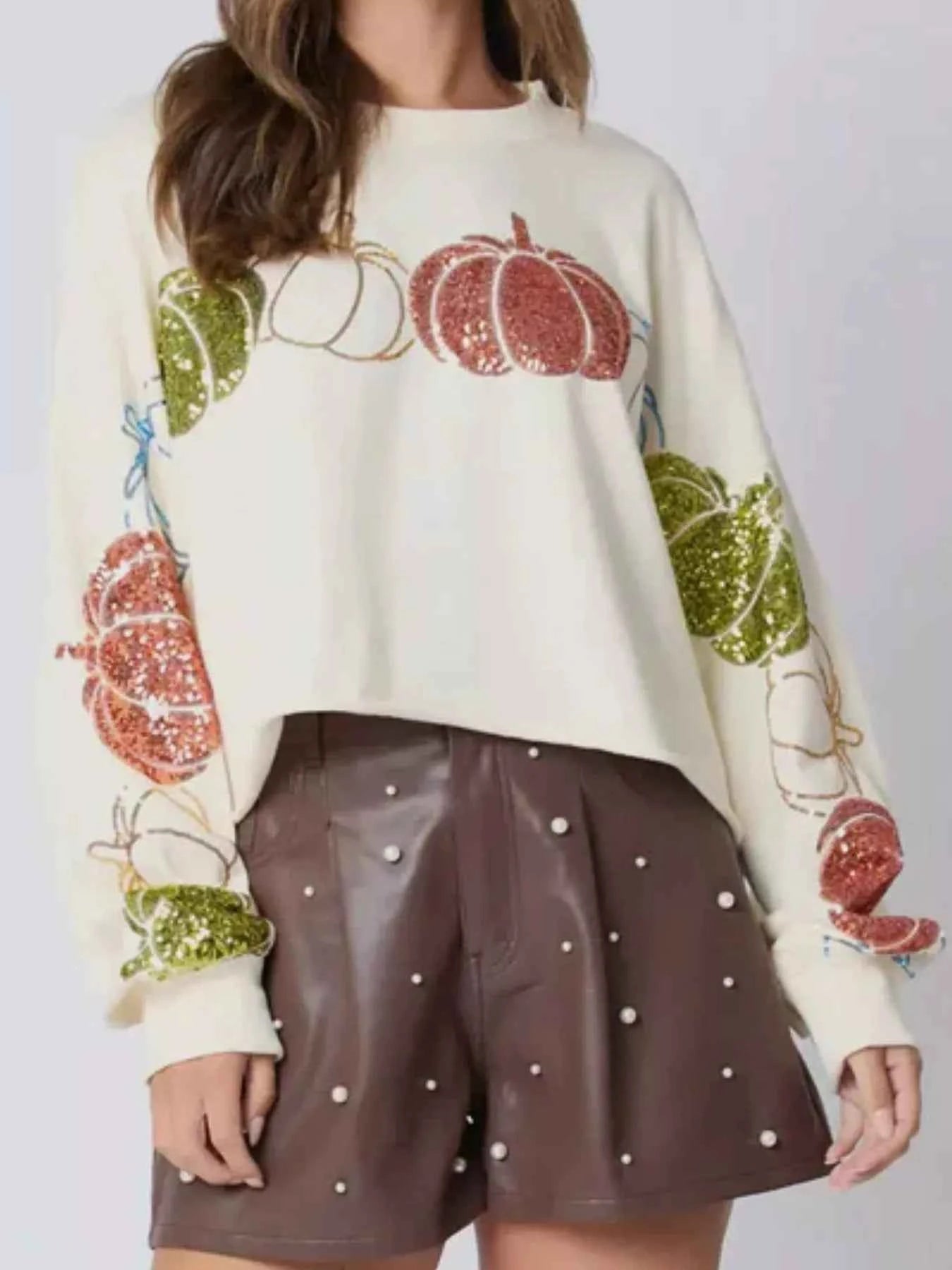 Sequined Pumpkin Halloween Crop Sweatshirt