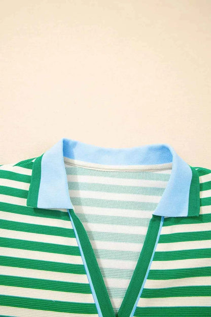 Stripe Print Contrast Collar Split Neck Flutter Sleeve Dress