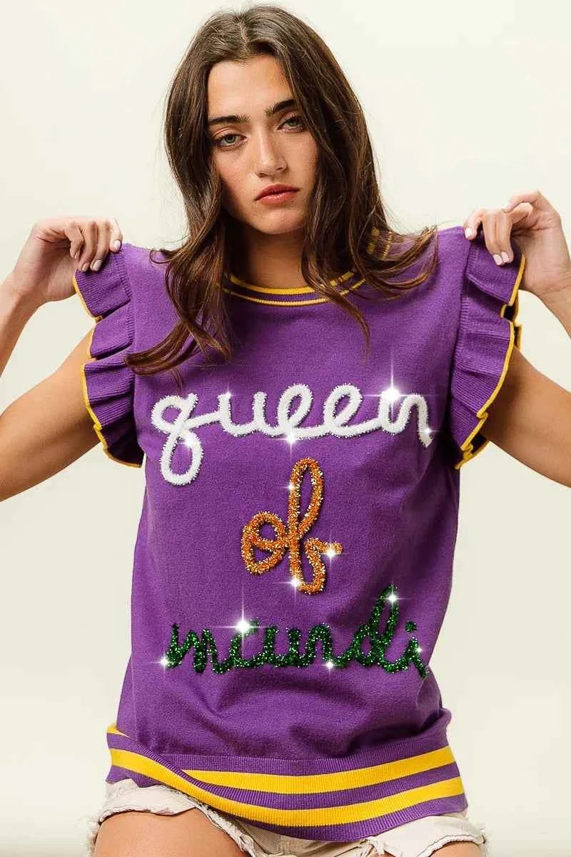 BiBi Queen Of Mardi Ruffled Armhole Sleeveless Knit Top