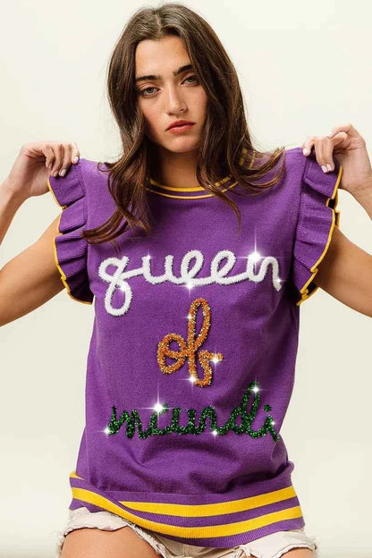 BiBi Queen Of Mardi Ruffled Armhole Sleeveless Knit Top