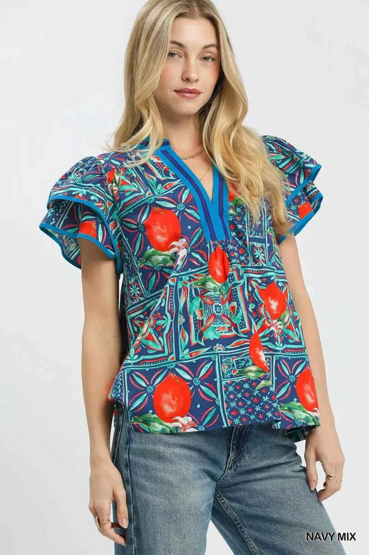 Umgee Abstract Print Flutter Sleeve Blouse