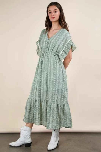 VERY J Embroidered Boho Ruffled Midi Dress