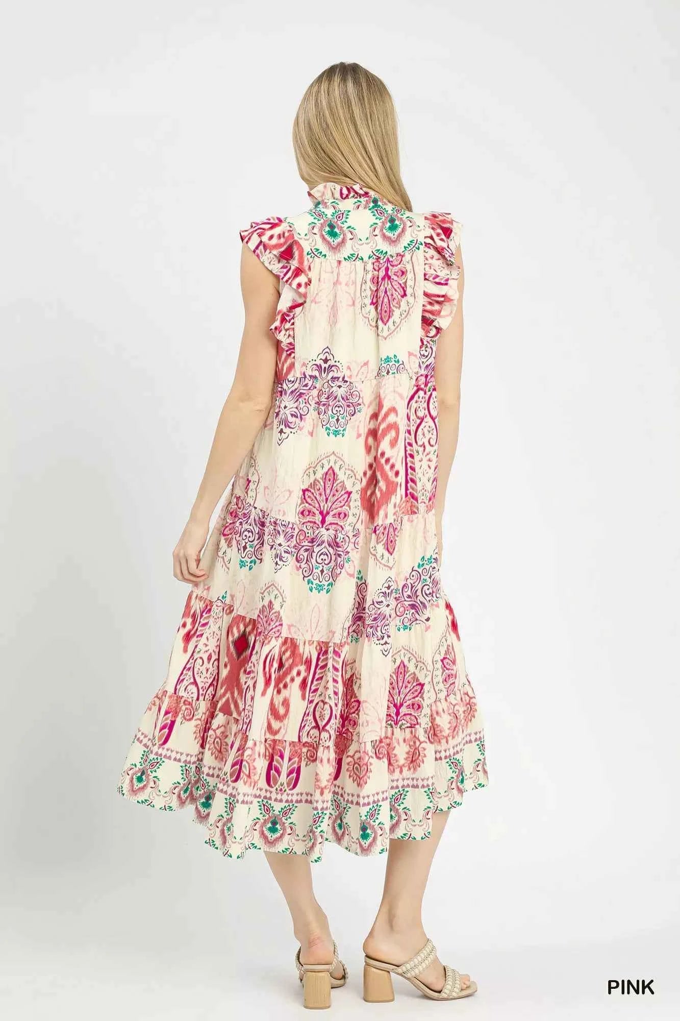 Umgee Boho Boarder Print Ruffle Midi Dress
