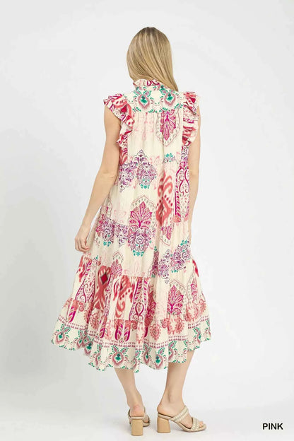 Umgee Boho Boarder Print Ruffle Midi Dress