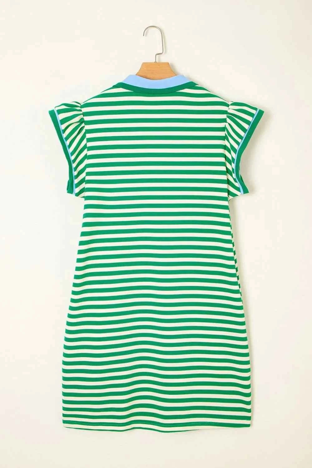 Stripe Print Contrast Collar Split Neck Flutter Sleeve Dress