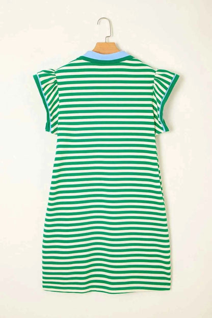 Stripe Print Contrast Collar Split Neck Flutter Sleeve Dress