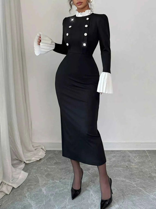 Two Tone Long Sleeve Midi Dress