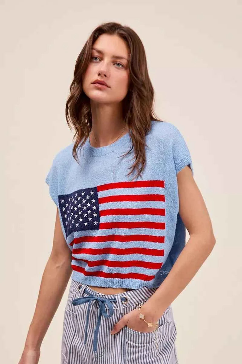 SO ME Fourth Of July American Flag Boxy Fit Sweater Top
