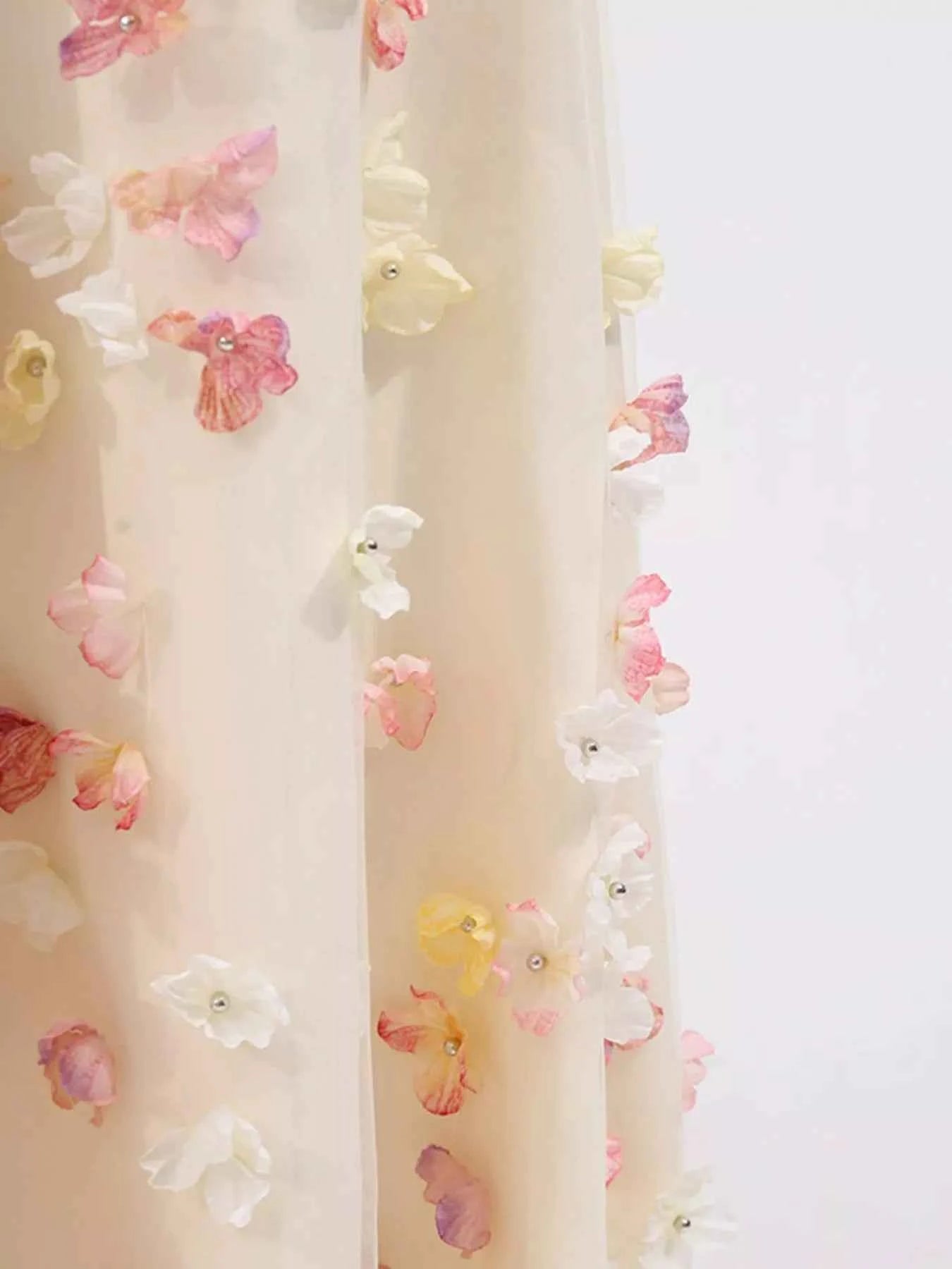 Floral Applique Strapless Tulle Maxi Dress