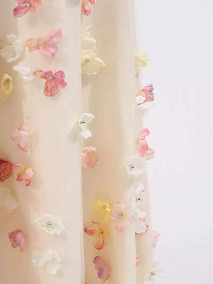 Floral Applique Strapless Tulle Maxi Dress