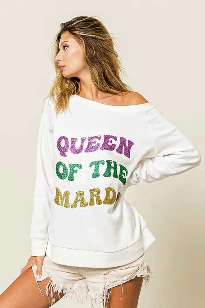 BiBi Queen Of Mardi Glitter Print Mardi Gras Sweatshirt