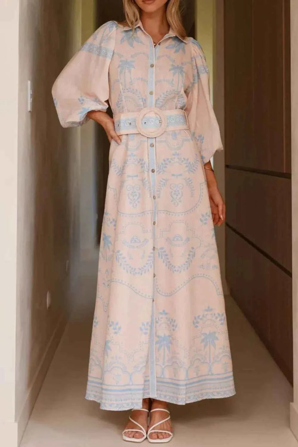 Printed Balloon Sleeve Maxi Shirt Dress