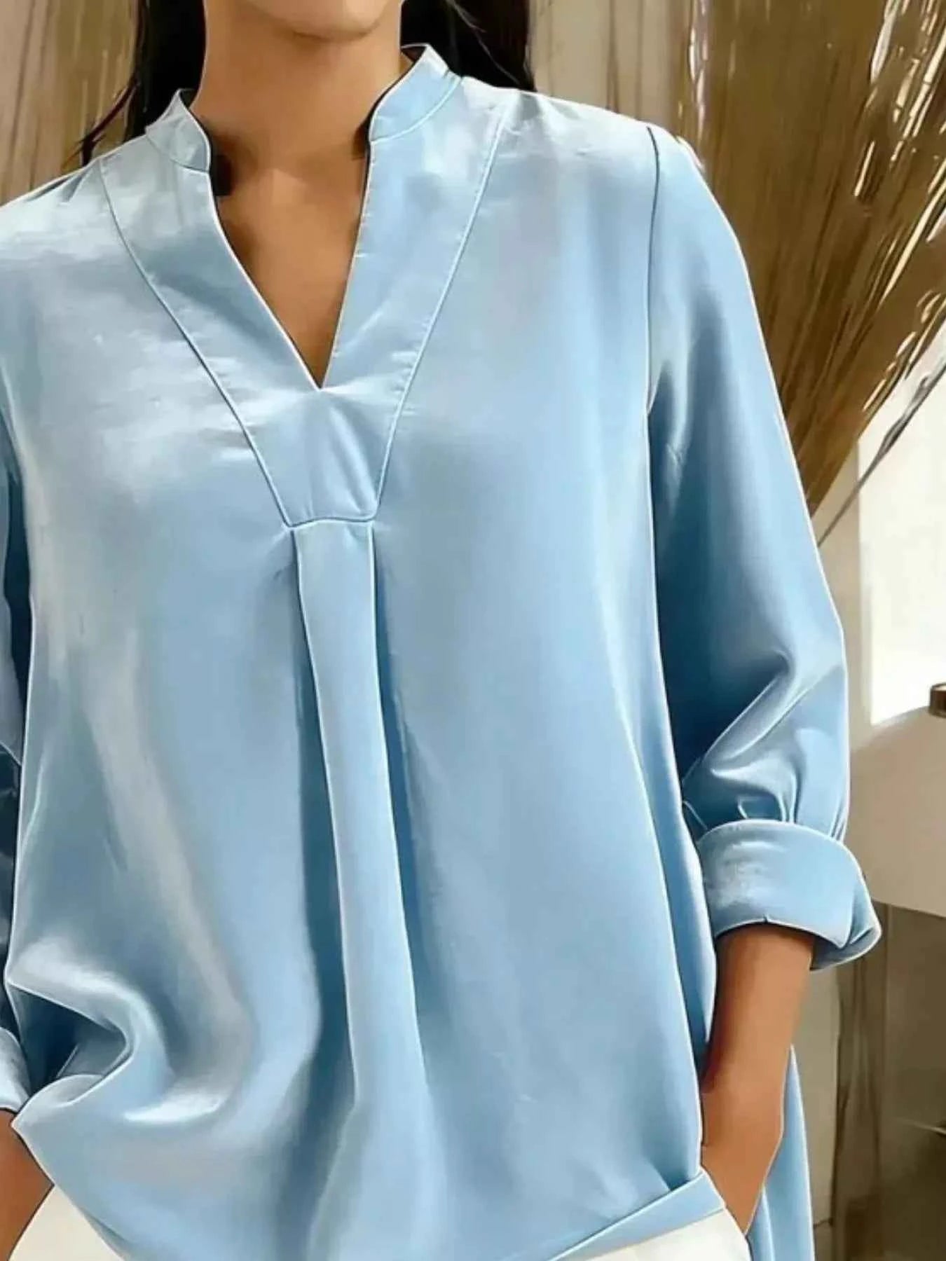 Full Size Velvet Notched Long Sleeve Blouse Plus Size