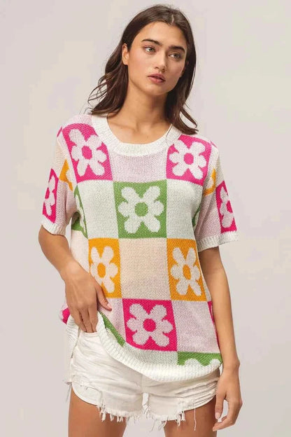 BiBi Flower Checker Pattern Lightweight Sweater Top