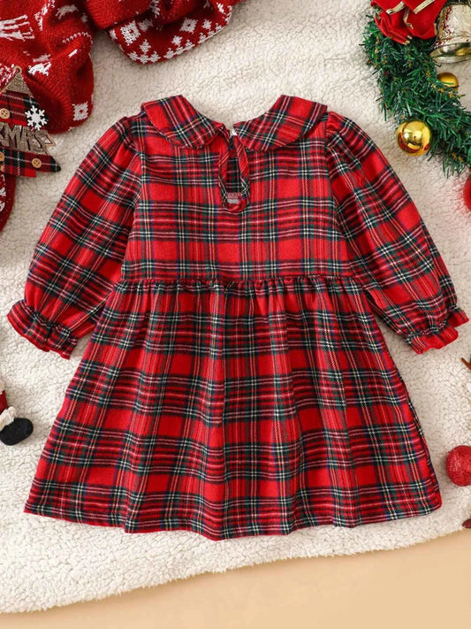 Children's Christmas Plaid Embroidered Smocked Dress