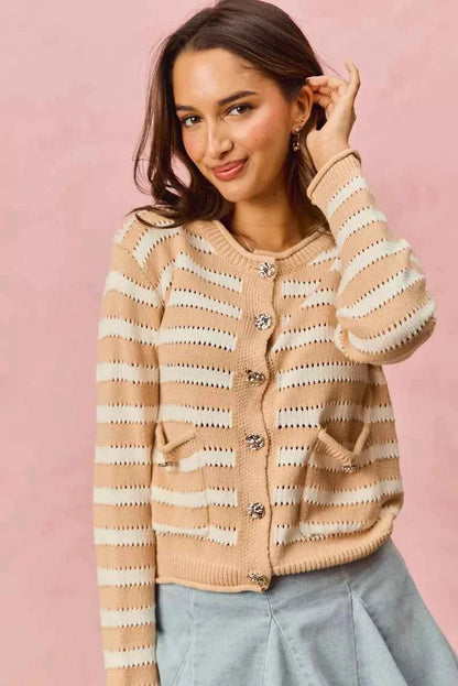 SO ME Stripe Long Sleeves Button Sweater Cardigan