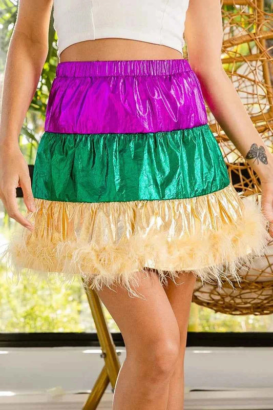 BiBi Faux Feather Hem Mardi Gras Metalic Mini Skirt